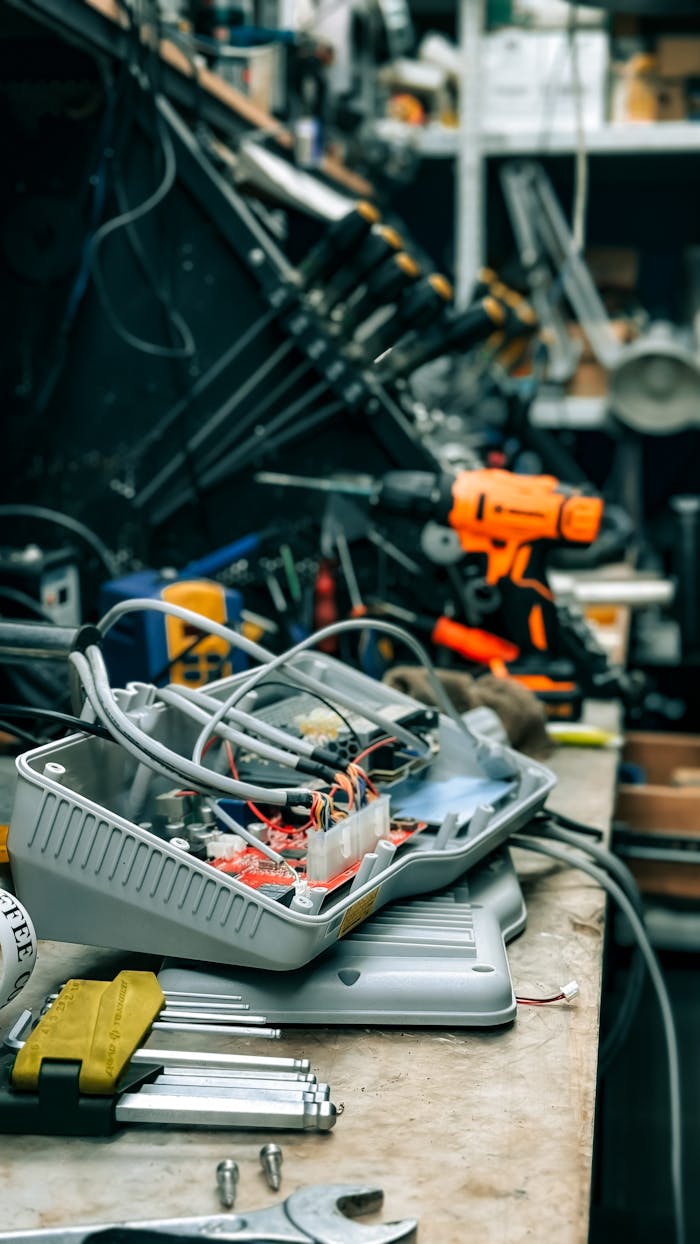 contact Workshop bench with electronic equipment and tools showcasing a repair environment.